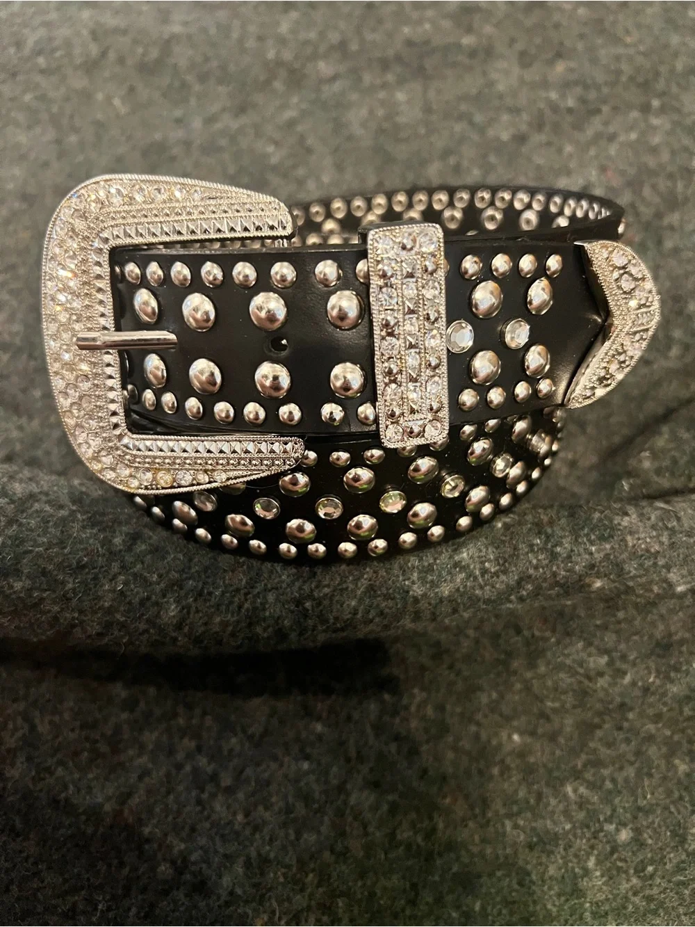 Studded Black Women's Western Leather Belt with Rhinestone Buckle